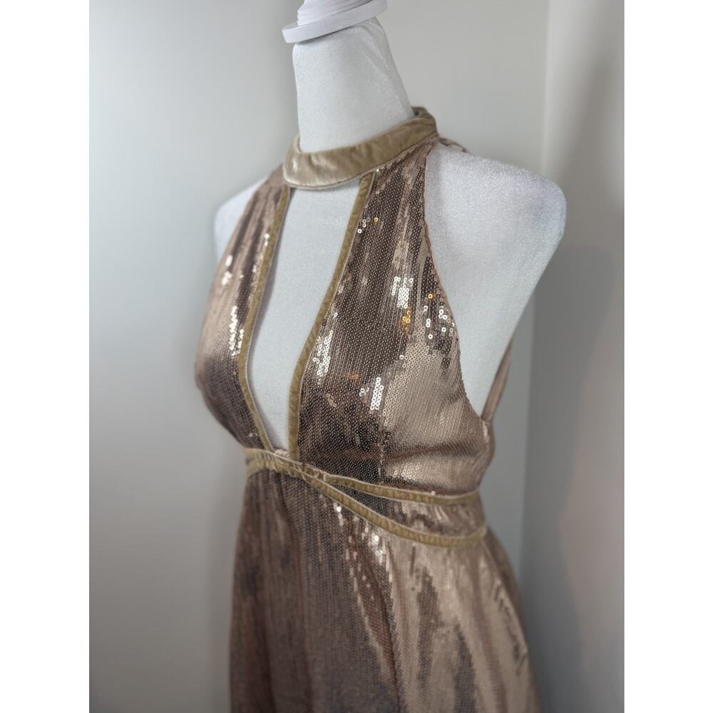 Free People Gold Sequin Sleeveless Dress Size 4 Party Lowcut Sparkle Boho - Picture 8 of 15